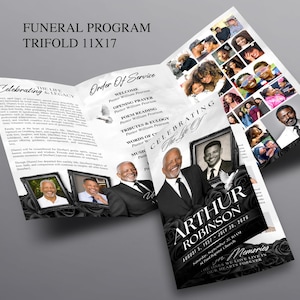 Black & White Trifold Funeral Program | Black Rose Memorial Program | In Loving Memory Obituary Program | Canva Template