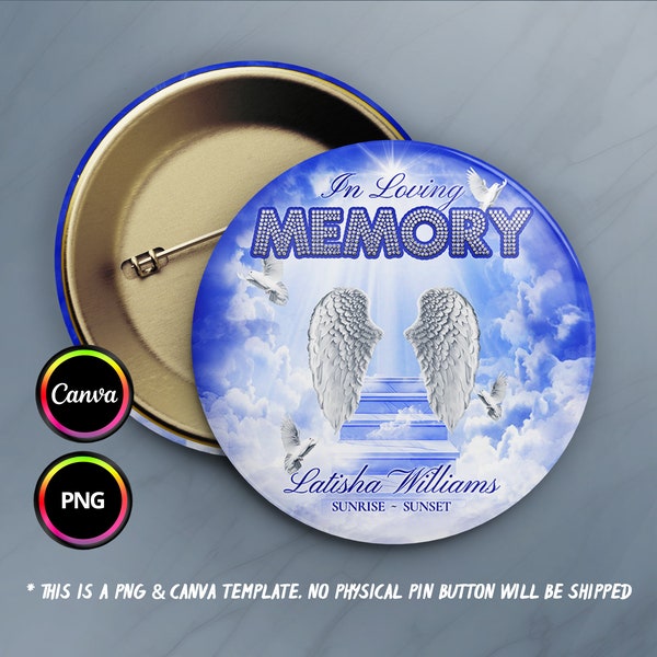 In Loving Memory Pin Button Canva Template, Memorial Button Pin Background PNG, Funeral Button, Blue Cloud Stairway To Heaven Memorial PNG