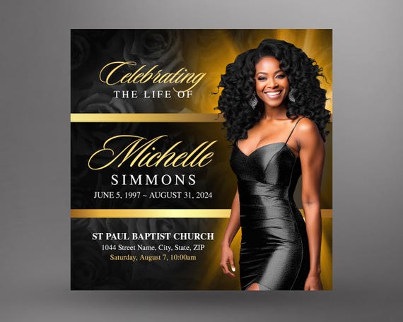 black dress for celebration of life Gold Roses Funeral Announcement Invitation | Digital Memorial Flyer, Obituary, In Loving Memory, Black Floral Off-the-Shoulder Dress __color_black:s13134_black 25 Hips Size:S_14-16