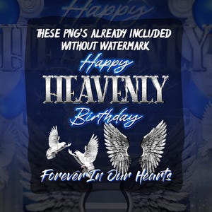 May include: Blue and white digital graphic design with the text "Happy Heavenly Birthday Forever In Our Hearts". The design features two white doves and two white wings.