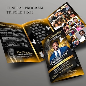 Elegant Black & Gold Trifold Funeral Program | Celebration of Life Obituary Program | Memorial Program | In Loving Memory | Canva Template