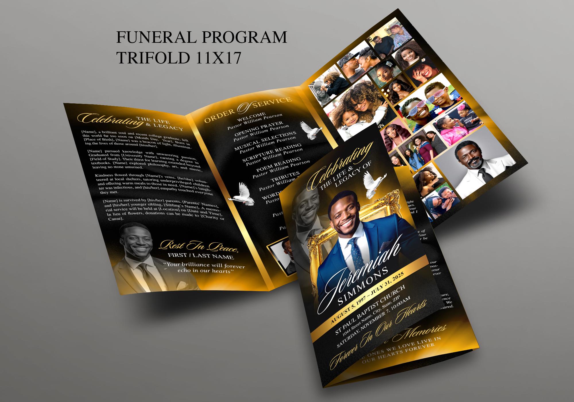 Elegant Black & Gold Trifold Funeral Program | Celebration of Life Obituary Program | Memorial Program | In Loving Memory | Canva Template