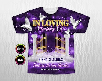 Diseño de camiseta 3D In Loving Memory, fondo conmemorativo Heaven's Gate en color morado y dorado PNG para funerales y conmemoraciones. Editable en Canva