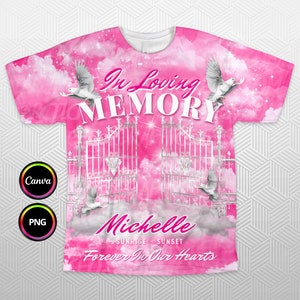 In Loving Memory 3D All Over T-Shirt design, Pink Silver Heaven&#39;s Gate Memorial Background PNG for Funeral & Remembrance. Editable in Canva