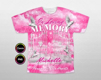 Diseño de camiseta en 3D con memoria amorosa, fondo conmemorativo de Heaven's Gate en color rosa plateado PNG para funeral y recuerdo. Editable en Canva