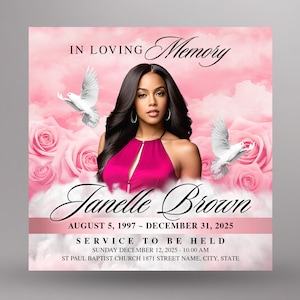 May include: A memorial card with a pink and white floral design. The card features a photo of a woman, the text "In Loving Memory," and the name "Janelle Brown" with dates and service details. Two white doves are also featured.