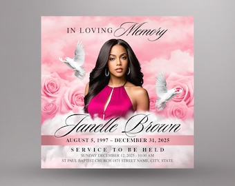 Pink Sky Funeral Announcement Invitation | Digital Memorial Flyer, Obituary, In Loving Memory, Celebration of Life | Canva Template