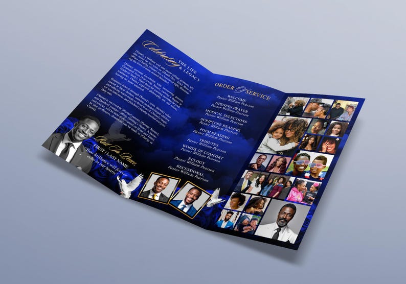 Elegant Blue & Gold Trifold Funeral Program | Celebration of Life ...