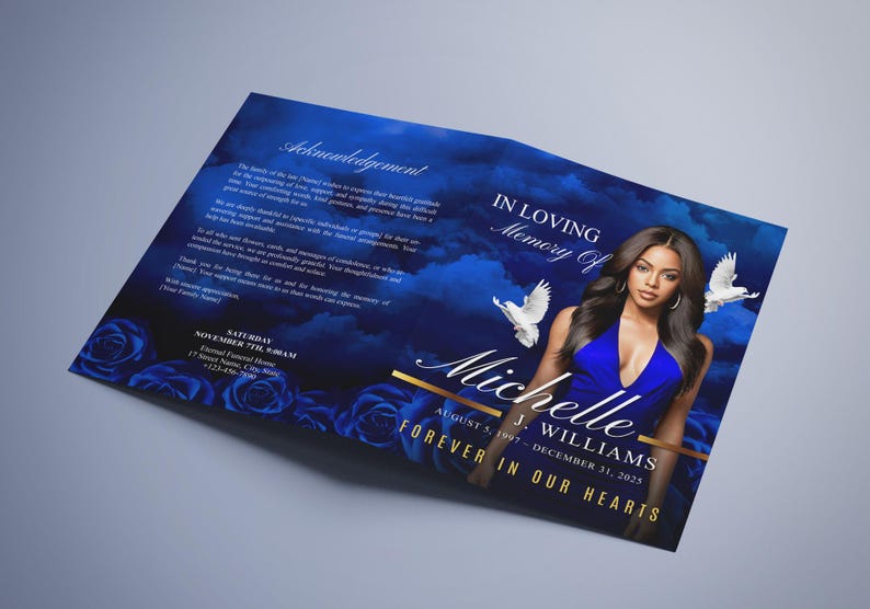Elegant Blue Funeral Program (8 Pages) Celebration of Life Obituary ...