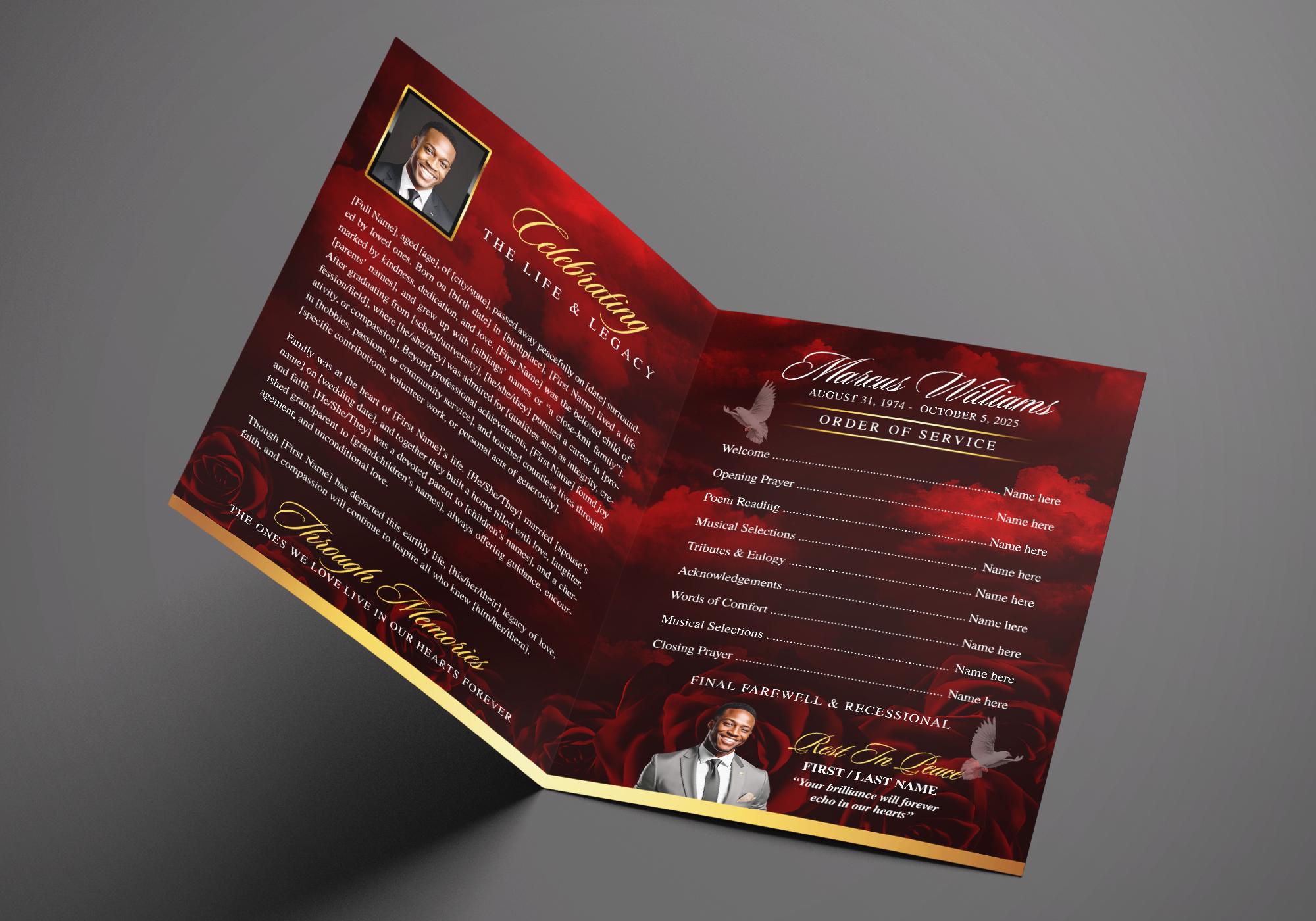 Red Gold Funeral Program (8 Pages) Magazine Style Obituary | Memorial ...