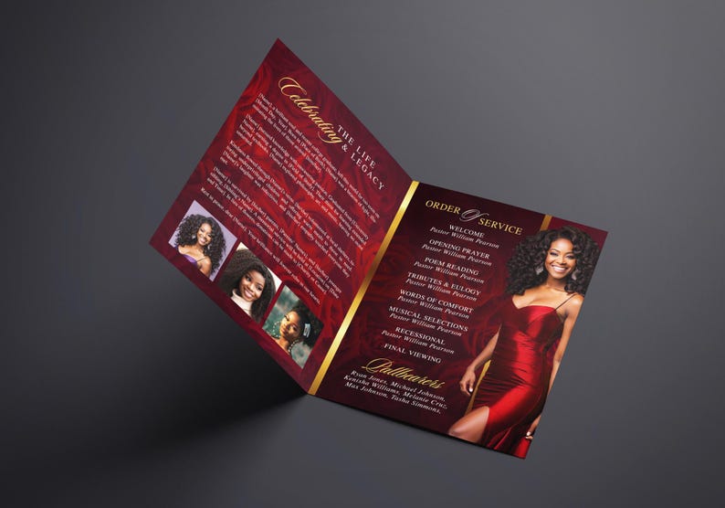 8.5"x 11" Elegant Red Roses Funeral Program (8 pages) Celebration of Life Obituary Program | Memorial Program | In Loving Memory | Canva Template