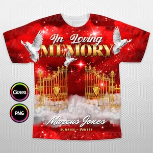 In Loving Memory 3D All Over T-Shirt design, Gold Red Sky Heaven Memorial Background PNG for Funeral & Remembrance. Editable in Canva
