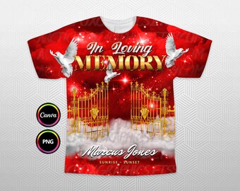 In Loving Memory 3D All Over T-Shirt design, Gold Red Sky Heaven Memorial Background PNG for Funeral & Remembrance. Editable in Canva