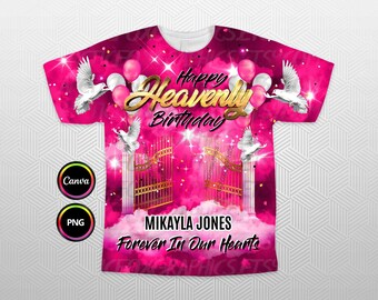 Diseño de camiseta 3D "Feliz cumpleaños celestial", fondo conmemorativo de la Puerta del Cielo, cielo rosa dorado PNG para funerales y conmemoraciones.
