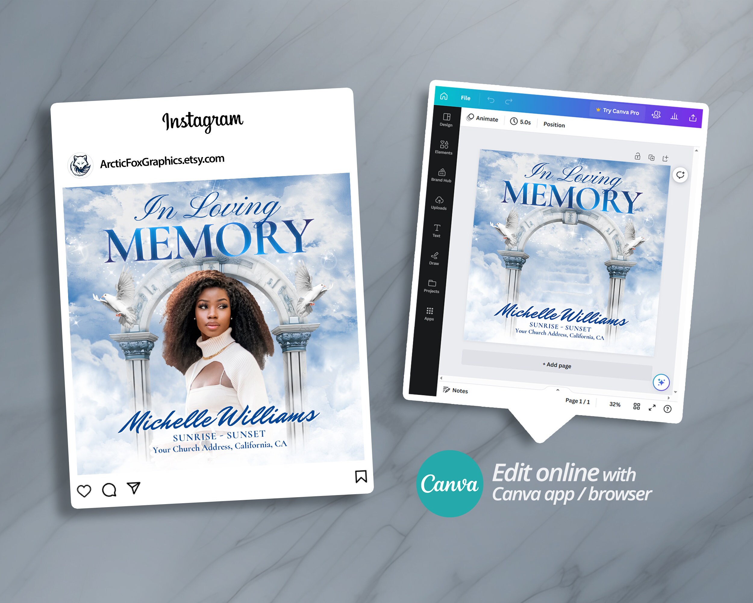 Funeral Invitation & Memorial Announcement Canva Template. Digital ...