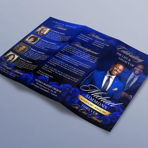 Elegant Blue & Gold Trifold Funeral Program | Celebration of Life ...