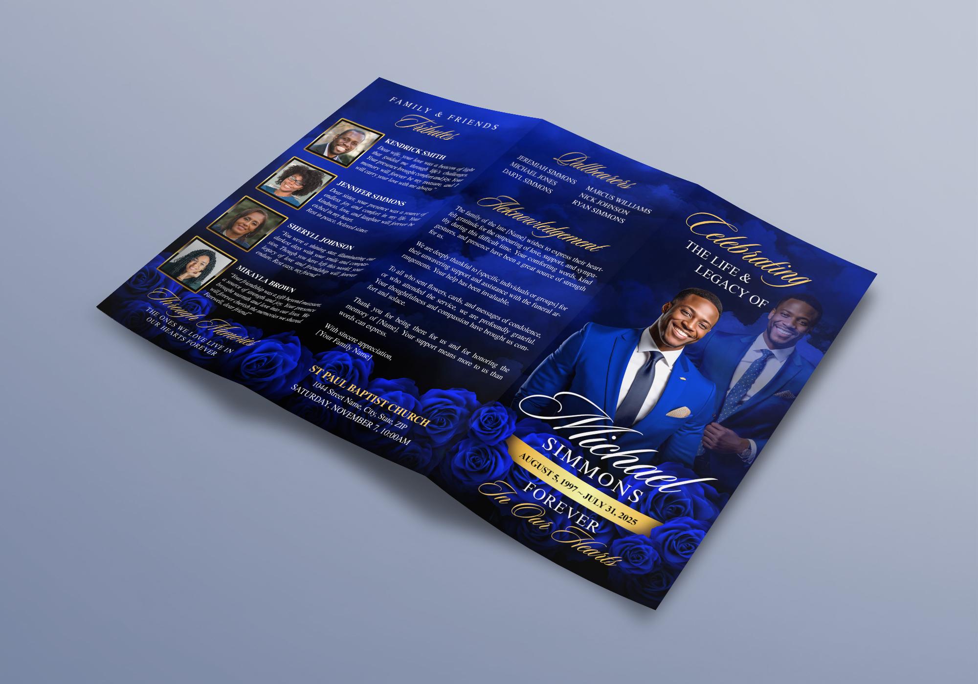 Elegant Blue & Gold Trifold Funeral Program | Celebration of Life ...