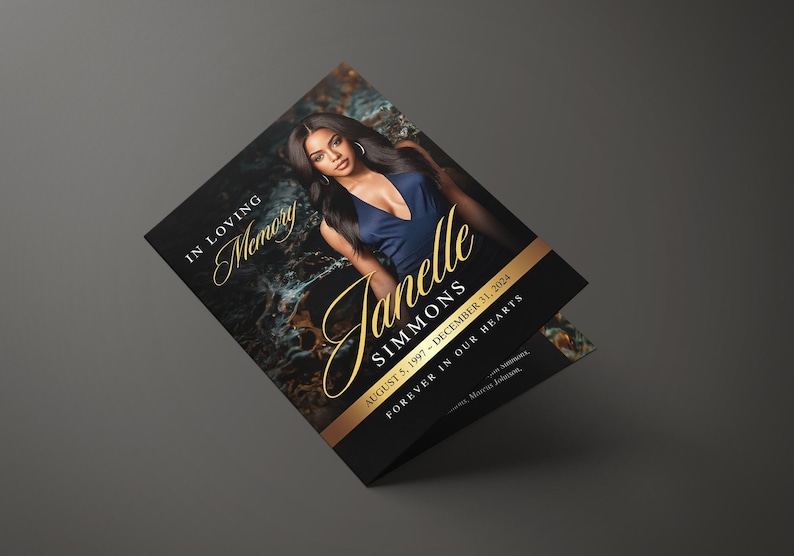 8.5"x 11" Elegant Black & Gold Funeral Program (8 pages) In Loving Memory Obituary Program | Memorial Program | Celebration of Life | Canva Template