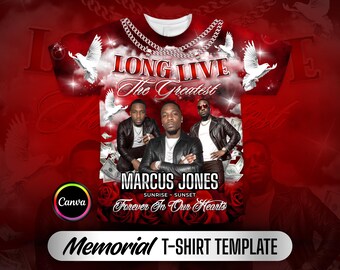 May include: A red memorial t-shirt featuring a graphic print of three men in black jackets, white doves, floating dollar bills, and red roses. The text reads LONG LIVE The Greatest, MARCUS JONES, SUNRISE - SUNSET, and Forever In Our Hearts.