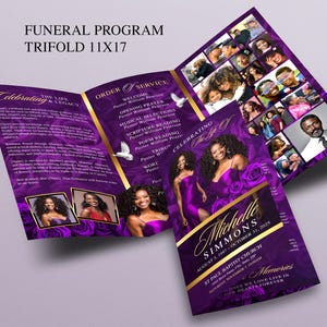 Trifold Gold & Purple Roses Funeral Program | Celebration of Life Obituary Program | Memorial Program | In Loving Memory | Canva Template