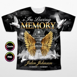 In Loving Memory 3D All Over T-Shirt design, Black Gold Heaven Stairway Memorial Background PNG for Funeral & Remembrance. Editable in Canva