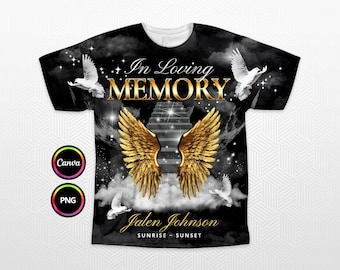 Diseño de camiseta en 3D con memoria amorosa, fondo conmemorativo de la escalera del cielo en oro negro PNG para funeral y recuerdo. Editable en Canva