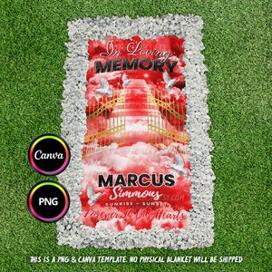 May include: A red and gold digital template for a memorial blanket with the text "In Loving Memory" and "Marcus Simmons" with a sunrise and sunset graphic and the text "Forever In Our Hearts".
