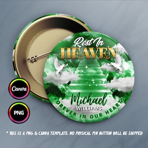 Rest In Heaven Pin Button PNG, Memorial Button Pin Background for Funeral & Remembrance, Green Cloud Heaven Stairs Memorial design for Canva