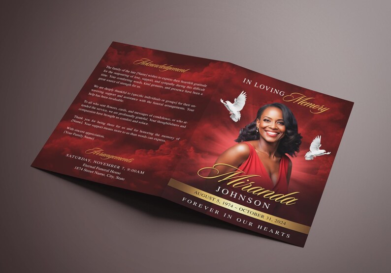 Maroon Red Cloudy Sky Funeral Program (8 pages) In Loving Memory Obituary Program | Memorial Program | Celebration of Life | Canva Template | 17" x 11" Tabloid size (8.5" x 11" Folded) Bi-Fold Booklet