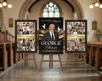 Black & Gold Funeral Welcome Sign, Black Roses Funeral Photo Collage, Celebration of Life Poster, Canva Template