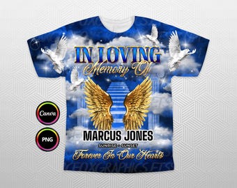 In Loving Memory 3D All Over T-Shirt design, Gold Blue Sky Heaven Memorial Background PNG for Funeral & Remembrance. Editable in Canva