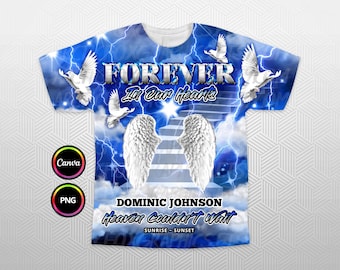 Für immer in unseren Herzen 3D All Over T-Shirt Design, Silver Royal Blue Sky Heaven's Stairway Gedenkhintergrund PNG für Beerdigung & Erinnerung
