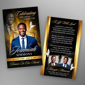 May include: Two memorial cards with a black and gold design. One card features a portrait of a man in a blue suit, with the text "Celebrating the Life & Legacy of Jeremiah Simmons." The other card has a poem and two smaller portraits.