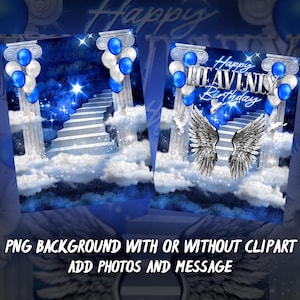 Happy Heavenly Birthday PNG, Silver & Blue Cloudy Sky, Stairway to Heaven Memorial Background for Funeral, Memorial & Remembrance. Canva Memorial T-Shirt Template