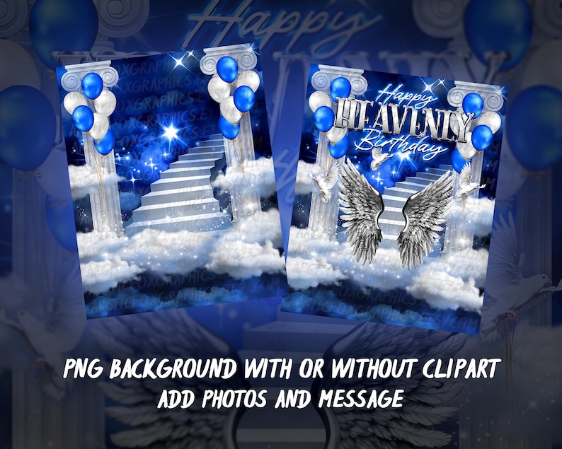 Happy Heavenly Birthday PNG, Silver & Blue Cloudy Sky, Stairway to Heaven Memorial Background for Funeral, Memorial & Remembrance. Canva Memorial T-Shirt Template