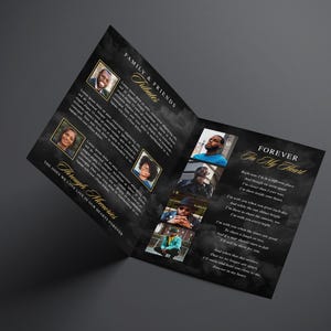 17" x 11" Tabloid size (8.5" x 11" Folded) Bi-Fold Booklet, Elegant Black & Gold Funeral Program (8 pages) In Loving Memory Obituary Program | Memorial Program | Celebration of Life | Canva Template