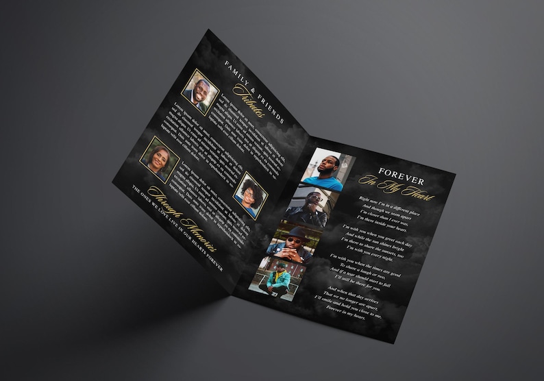 17" x 11" Tabloid size (8.5" x 11" Folded) Bi-Fold Booklet, Elegant Black & Gold Funeral Program (8 pages) In Loving Memory Obituary Program | Memorial Program | Celebration of Life | Canva Template