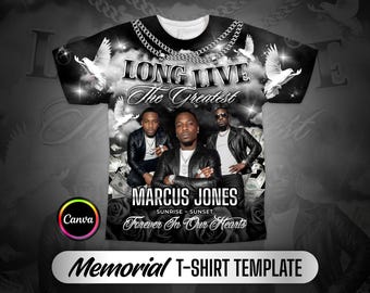 Black & White Long Live The Greatest 3D All Over T-Shirt design | Cloudy Heaven Sky with Roses Memorial Background | Canva Template