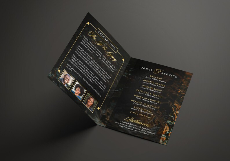 8.5"x 11" Elegant Black & Gold Funeral Program (8 pages) In Loving Memory Obituary Program | Memorial Program | Celebration of Life | Canva Template