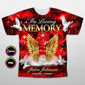 In Loving Memory 3D All Over T-Shirt design, Gold Red Sky Heaven Memorial Background PNG for Funeral & Remembrance. Editable in Canva