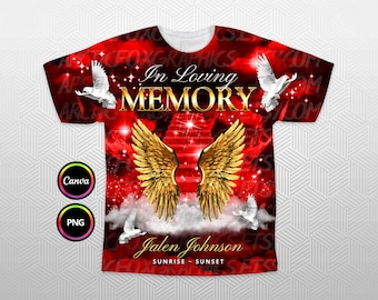 In Loving Memory 3D All Over T-Shirt design, Gold Red Sky Heaven Memorial Background PNG for Funeral & Remembrance. Editable in Canva