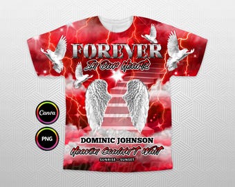 Diseño de camiseta 3D "Por siempre en nuestros corazones", fondo conmemorativo de la Escalera Celestial en azul real plateado PNG para funerales y conmemoraciones.