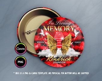 In Loving Memory Pin Button PNG, Gold and Red Cloudy Stairway to Heaven Button Pin Background for Funeral, Memorial & Remembrance