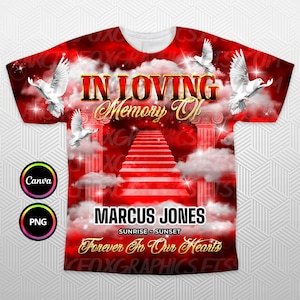 In Loving Memory 3D All Over T-Shirt design, Gold Red Sky Heaven Memorial Background PNG for Funeral & Remembrance. Editable in Canva