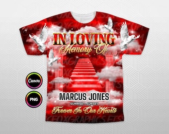 In Loving Memory 3D All Over T-Shirt design, Gold Red Sky Heaven Memorial Background PNG for Funeral & Remembrance. Editable in Canva