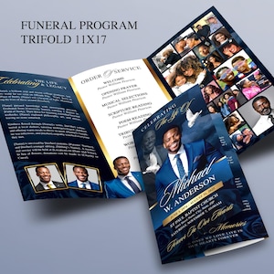 May include: A trifold funeral program, 28x43 cm, with a navy blue and gold design. The cover features a photo of a man in a suit, with the name "Michael W. Anderson". Inside, there are photos and text.