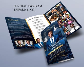 Elegant Blue & Gold Trifold Funeral Program | Celebration of Life Obituary Program | Memorial Program | In Loving Memory | Canva Template