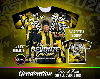 The Last Lap 3D All Over Graduation T-Shirt Design | Gold, Yellow & Black Graduate T-Shirt | Canva Template