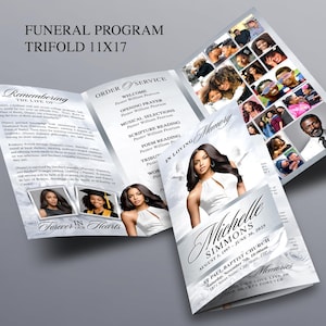 May include: A trifold funeral program, 28x43 cm, with a gray and white design. The program includes photos, text, and the name "Michelle Simmons." The cover features the text "In Loving Memory" and "Forever in Our Hearts."