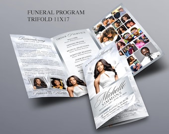 May include: A trifold funeral program, 11x17 inches, with a gray and white design. The program includes photos, text, and the name "Michelle Simmons." The cover features the text "In Loving Memory" and "Forever in Our Hearts."